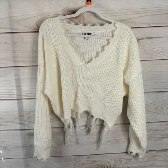 Tic Toc Tops - Tic Toc Ivory Woven Long Sleeve Crop Top Size Small